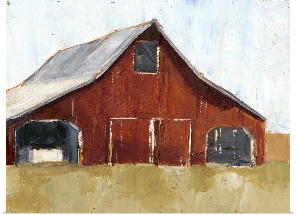 This contemporary painting of a rusty barn on a simple landscape features expressive brush strokes and visible textures.