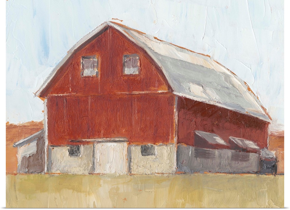 This contemporary painting of a rusty barn on a simple landscape features expressive brush strokes and visible textures.