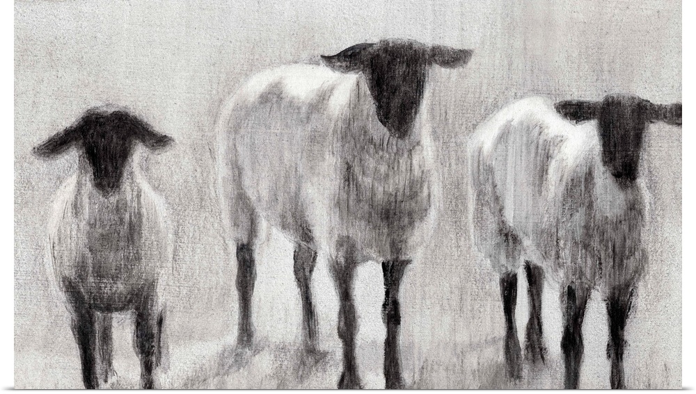 Monochrome painting of three woolly sheep in a field.