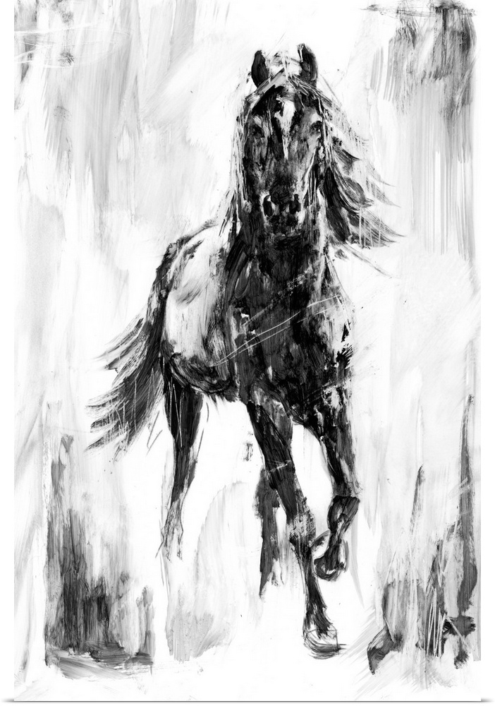 Black and white artwork of a galloping dark horse.