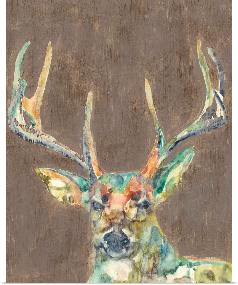 Contemporary portrait of a deer with a large rack of antlers.
