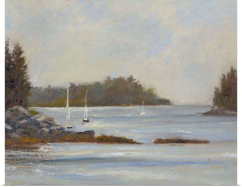 Contemporary artwork featuring lively brush strokes in subdued colors to create sailboats on a quiet waterscape.