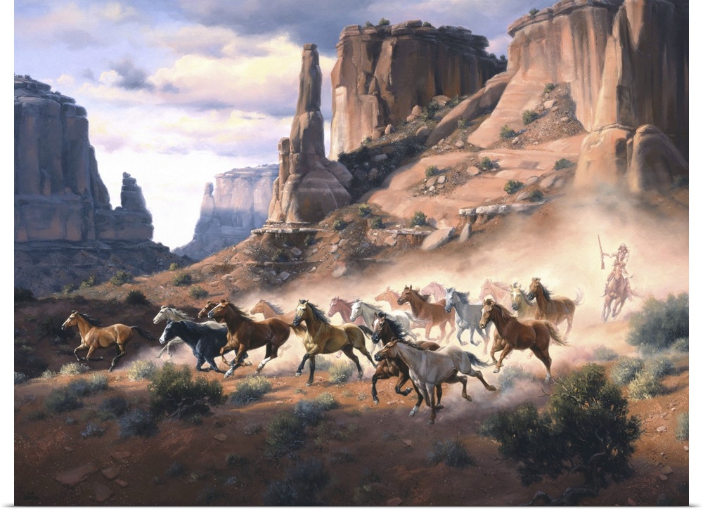 Contemporary Western artwork of a stampeding herd of horses kicking up dust in a rocky desert canyon.