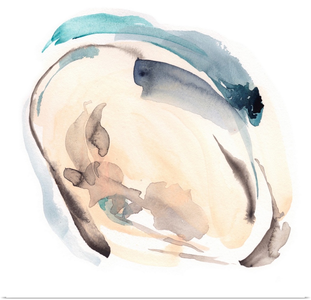 A watercolor abstract painting is swirls of blue, cream, and brown shades.
