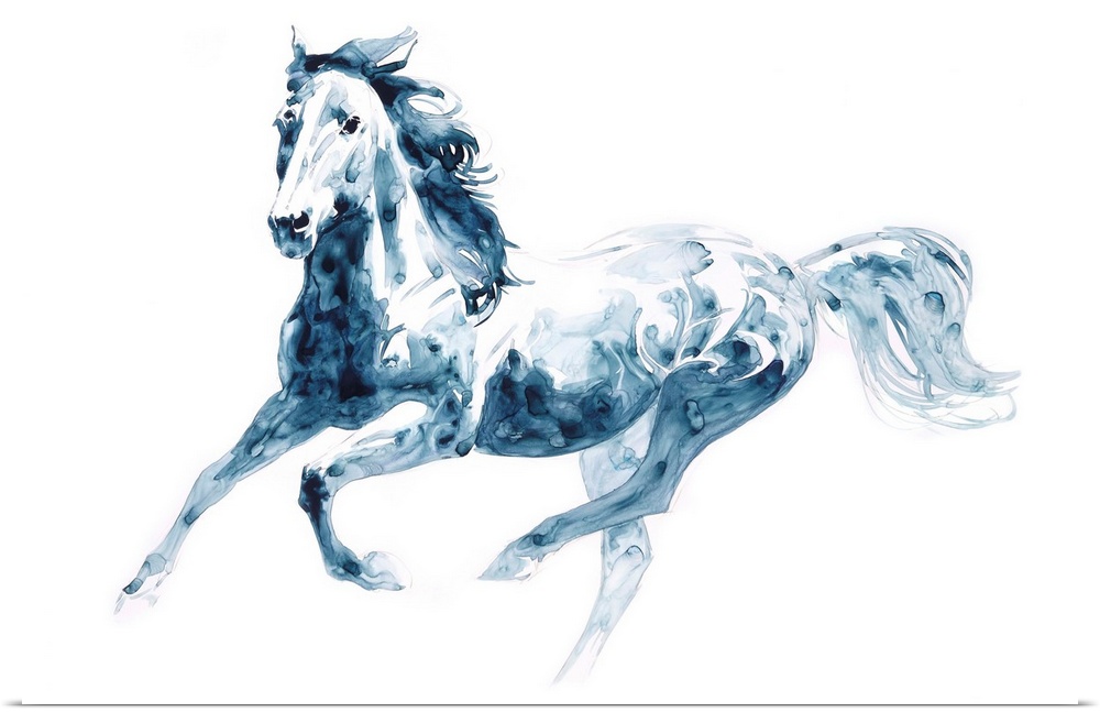 Watercolor painting of a horse in action created with indigo hues on a white background.