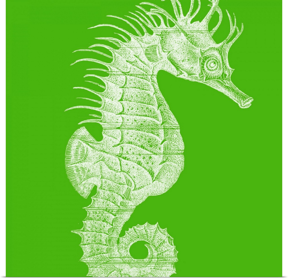 A large seahorse is painted against a bright green background.
