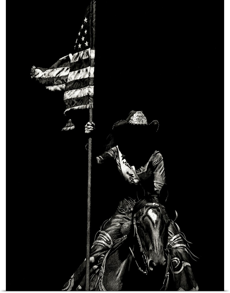Black and white lifelike illustration of a cowboy holding an American flag while sitting on the back of a horse.