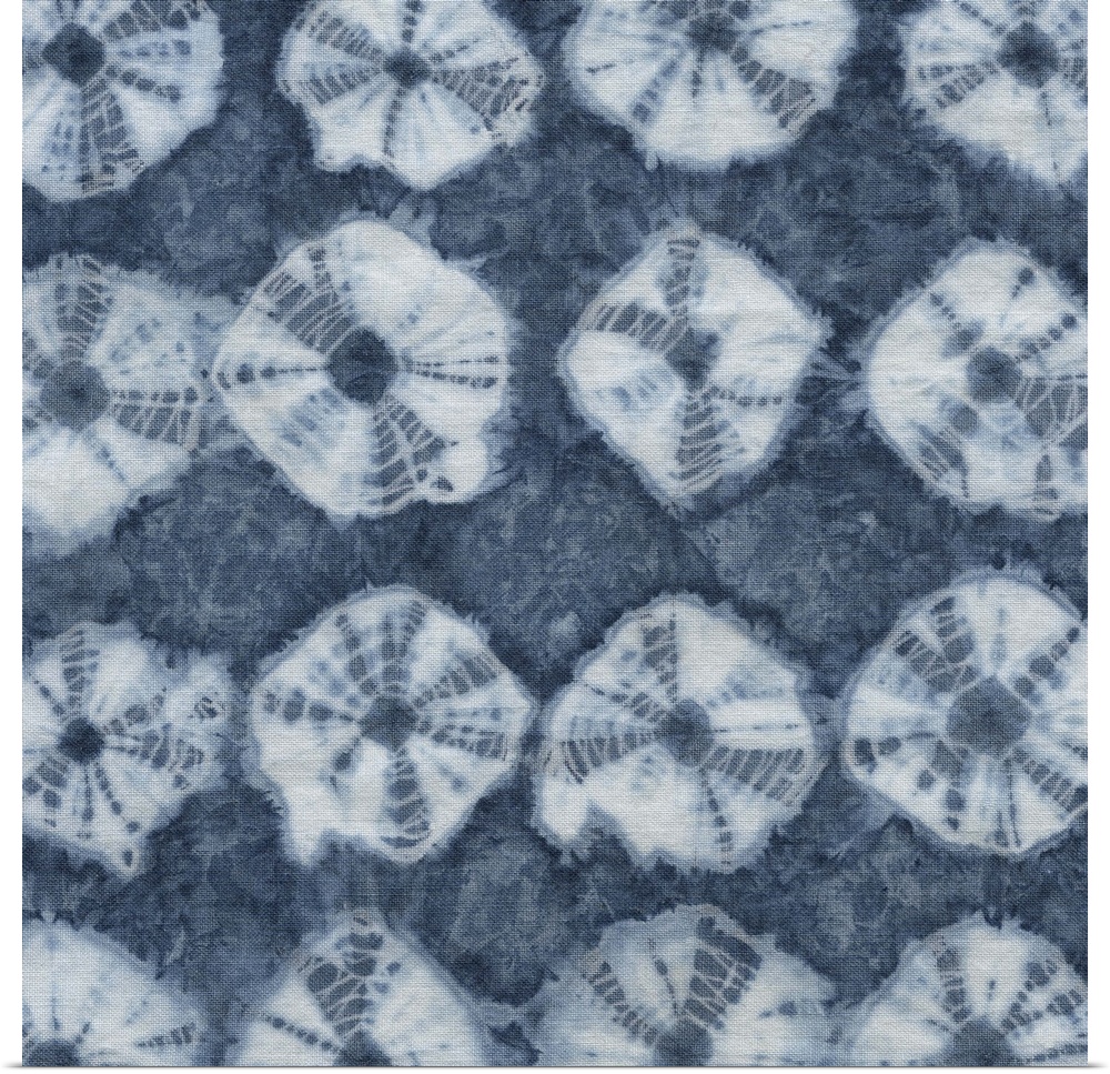 Artistic design of rows of a tie-dye pattern in white on a blue background.