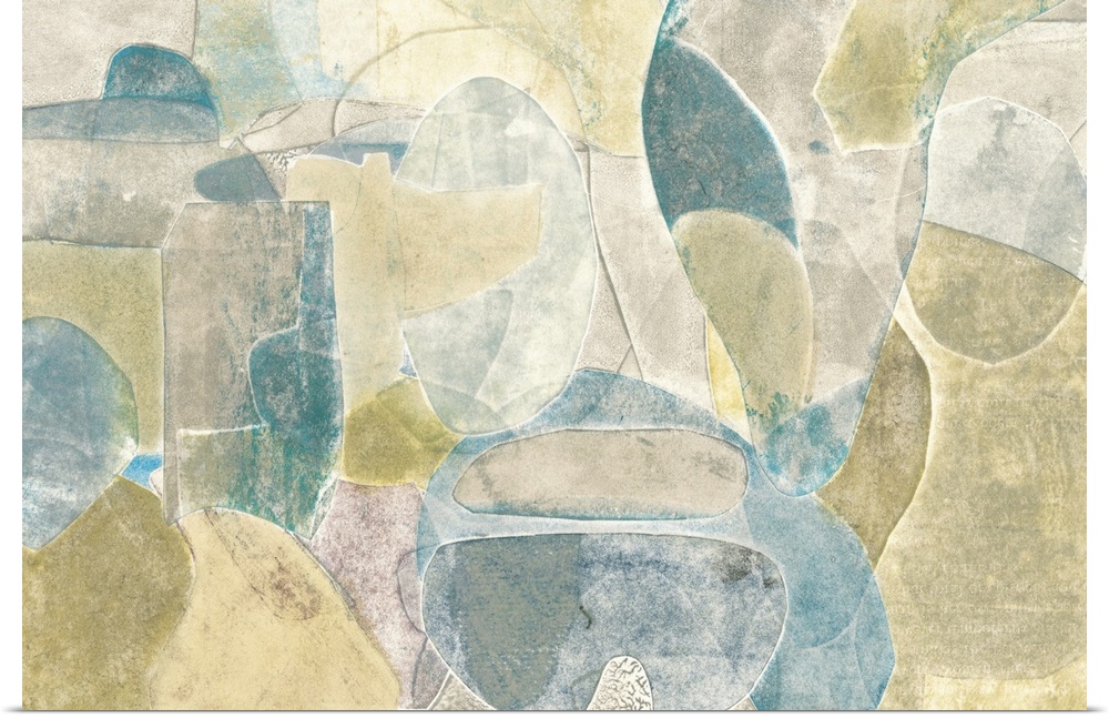 Contemporary abstract art in organic tan and blue shapes.