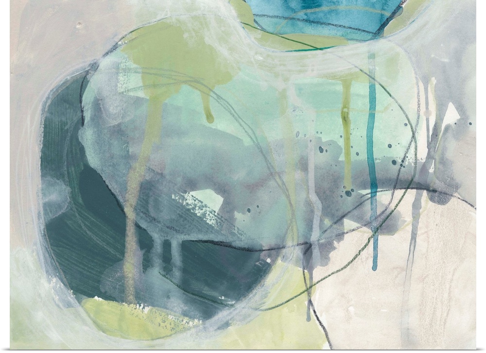 Contemporary abstract painting of ovular, stone-like shapes in blue and green hues reminiscent of the sea.