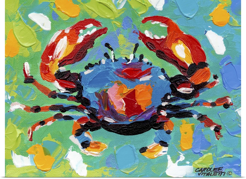 Colorful painting of a crab against a multi-colored background.