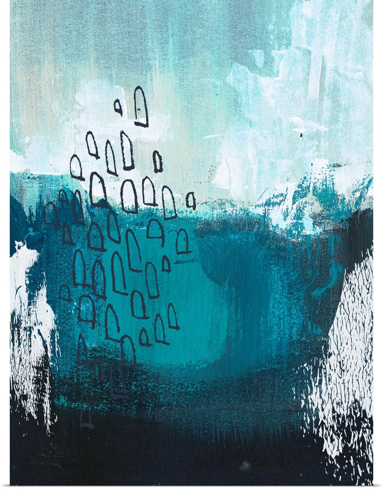 This abstract artwork features window-like shapes over shades of blue with white brush strokes and rough texture throughout.