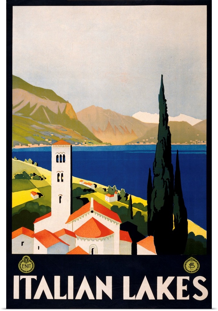 Vintage travel advertising poster for the Italian lake area in Europe.