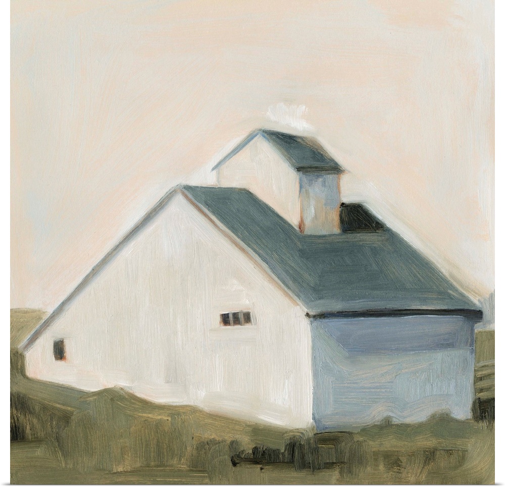 This simple and homely image of a white saltbox barn with slate blue roof is painted in a simple, impressionist style. It ...