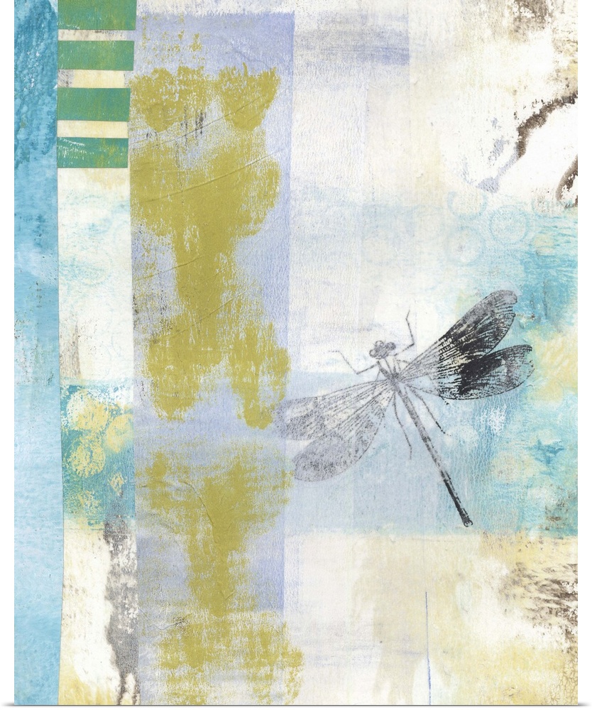 Abstract painting in blue shades embellished with a vintage dragonfly illustration.