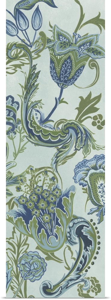 This decorative artwork features intricate floral patterns and designs over a beige background.