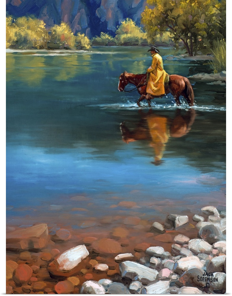 Contemporary Western artwork of a figure on horseback in a shallow stream.