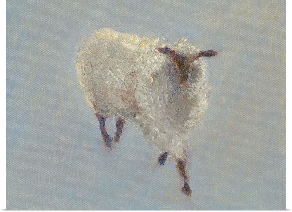 A horizontal painting of a sheep in muted color tones.