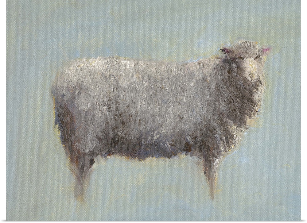 A horizontal painting of a sheep in muted color tones.