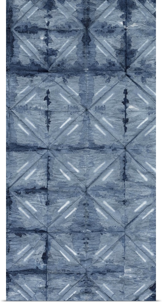 Contemporary distressed blue pattern using geometric and organic shapes.