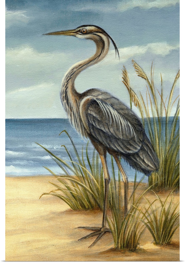 Image of a tall heron standing among clumps of sea grass. This traditional painting is reminiscent of the work of John Jam...