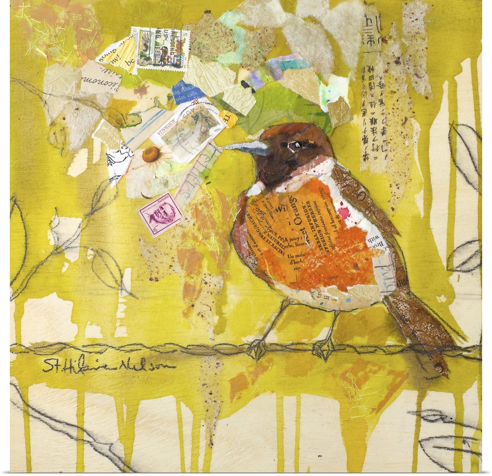 Creative collage of a bird perched on a branch with pieces with text and postage stamps.