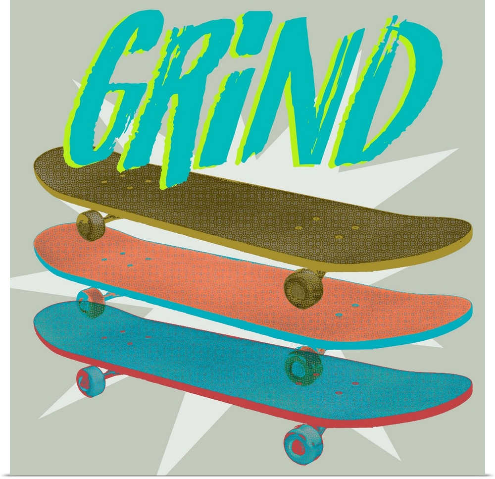A youthful design of layered group of skateboards below "Grind" on a starburst gray background.