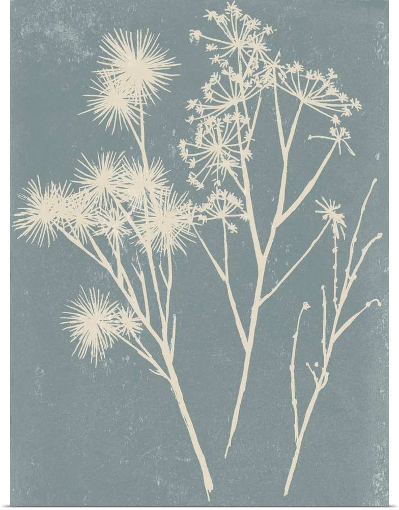 Beige silhouettes of wild flowers on a gray background with white speckles.