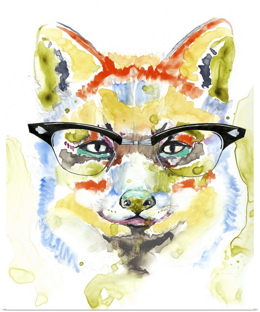Colorful watercolor painting of a fox wearing black rimmed glasses.