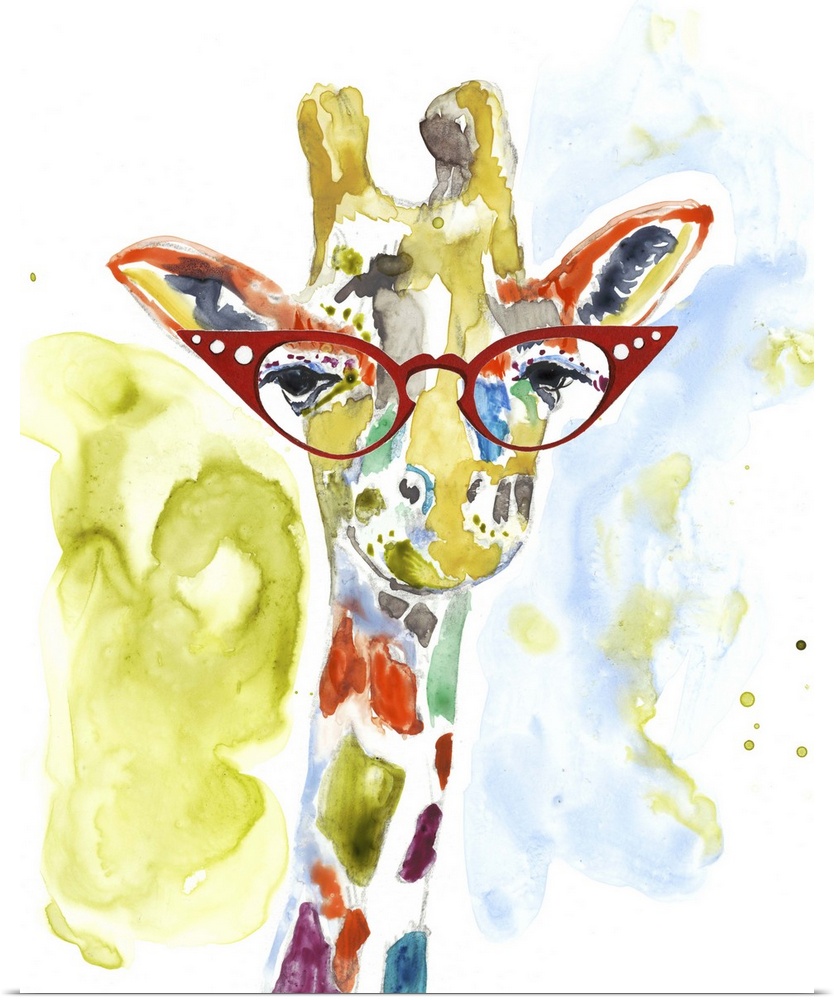 Colorful watercolor painting of a giraffe wearing bright red rimmed glasses.