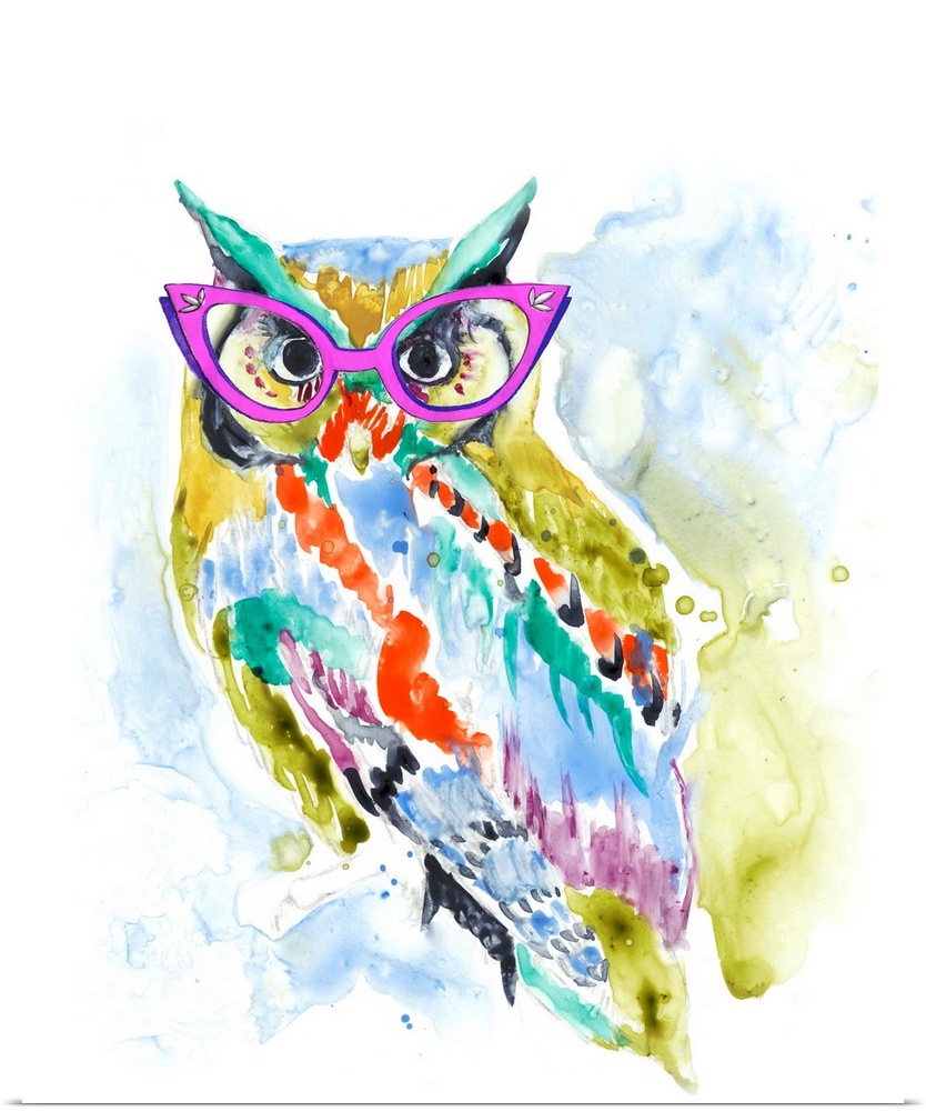 Colorful watercolor painting of an owl wearing bright pink and purple rimmed glasses.