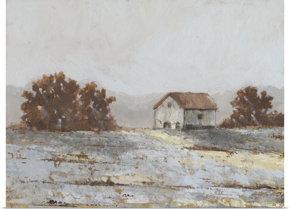 Contemporary painting of a snow covered hillside with a barn and trees, all in a dull appearance.