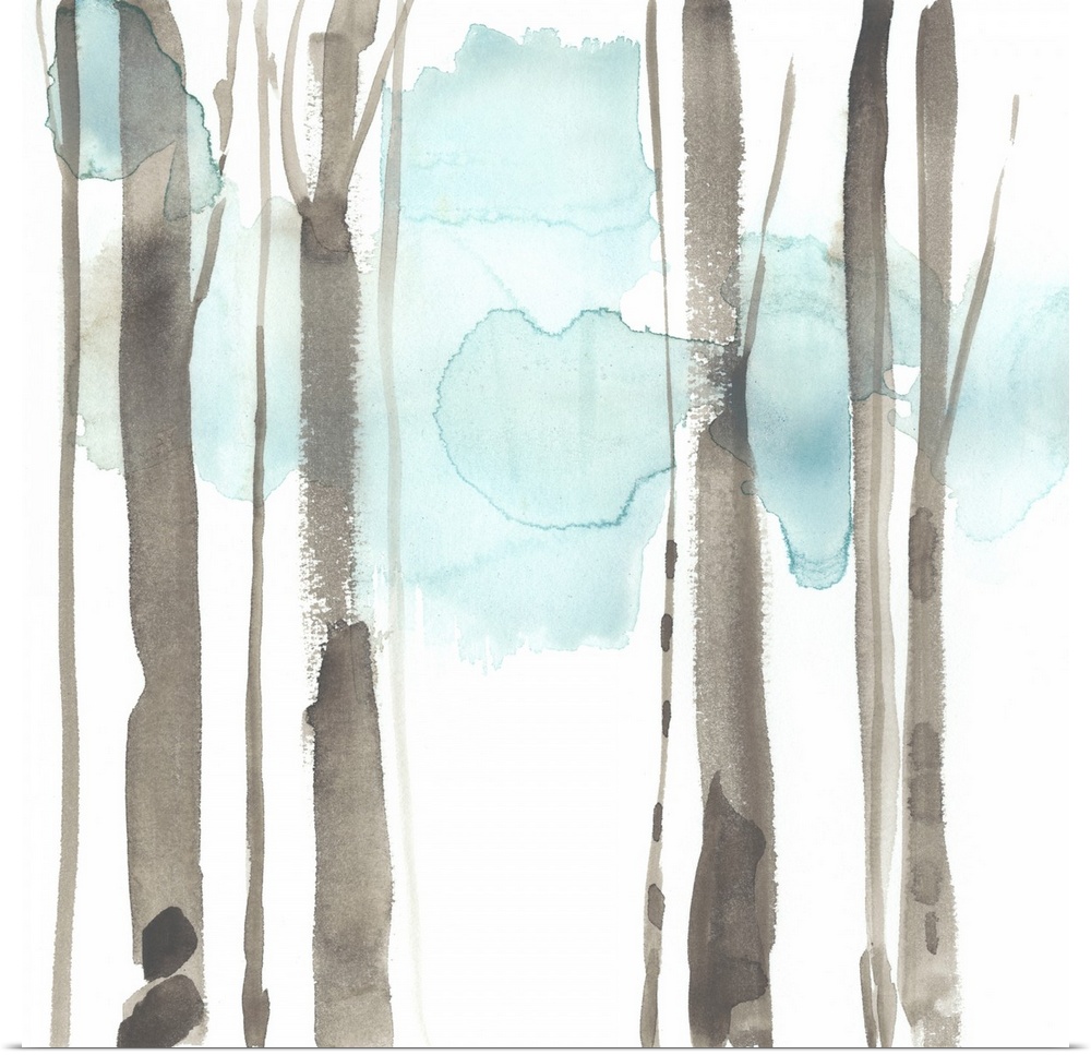 Square watercolor painting of abstract tree trunks in brown against a white background.