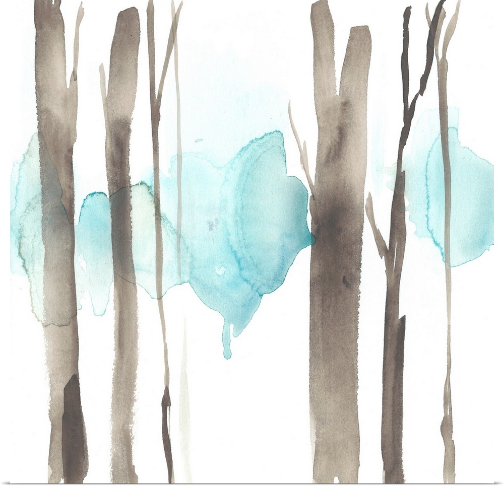 Square watercolor painting of abstract tree trunks in brown against a white background.