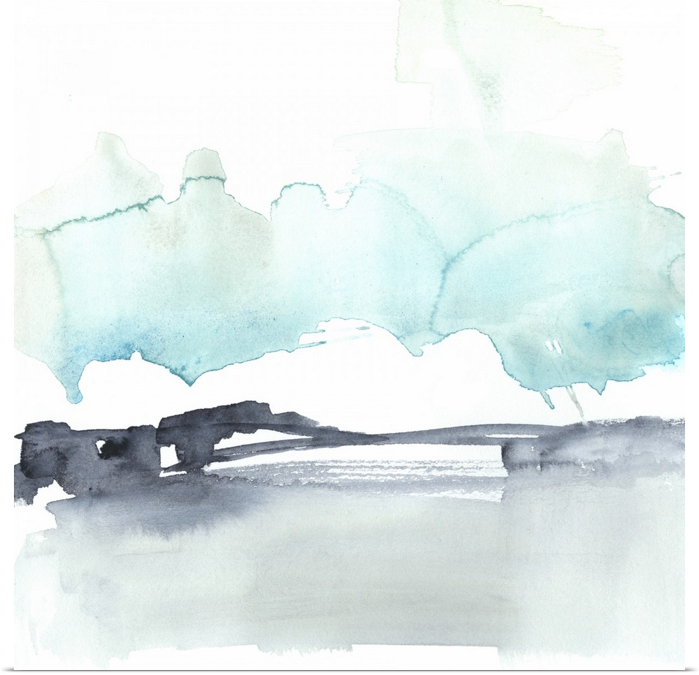Square watercolor painting of abstract landscape of snow against a white background.