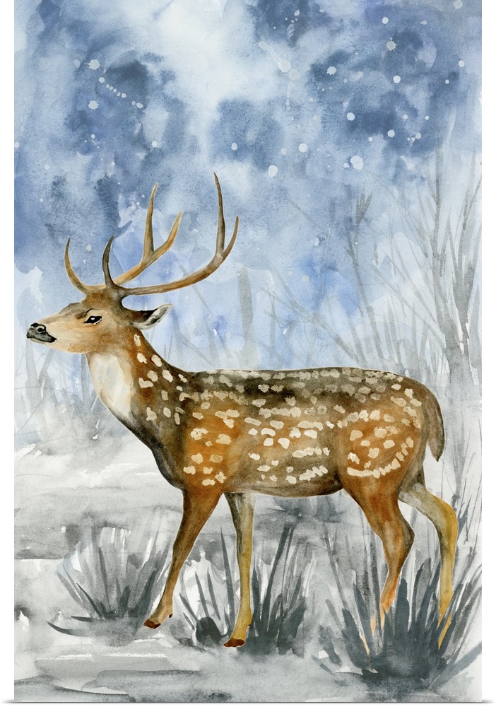 Contemporary watercolor painting of an elk walking outside on a snowy night.