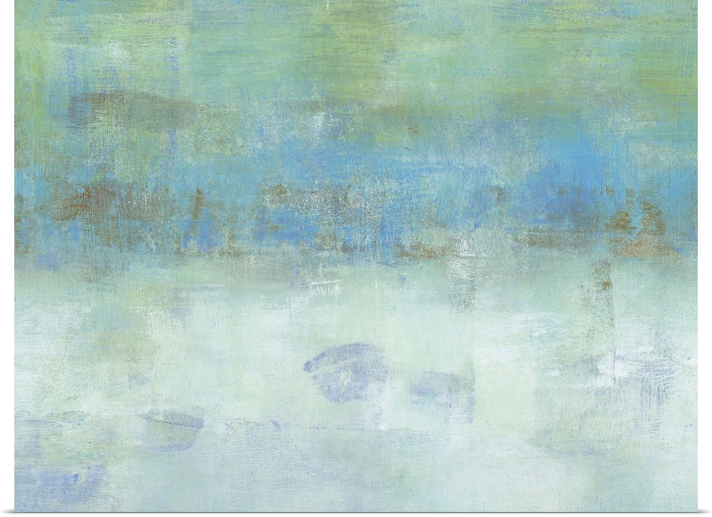 Contemporary abstract painting using green and blue tones to create what looks like a blanket of clouds.