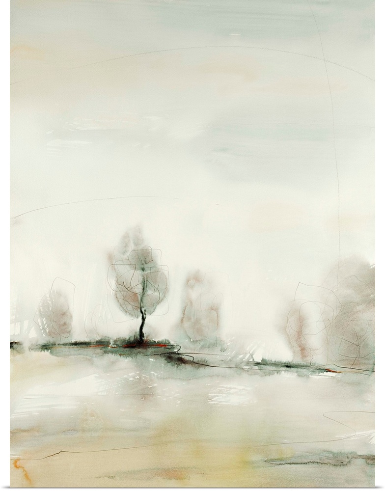 Contemporary landscape art print in neutral colors, with trees on the horizon line.