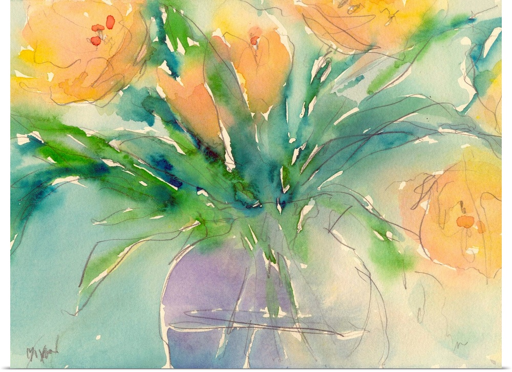 Watercolor painting of bright yellow flowers in a vase.