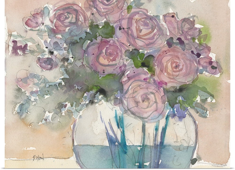 Watercolor painting of bright purple flowers in a glass vase.