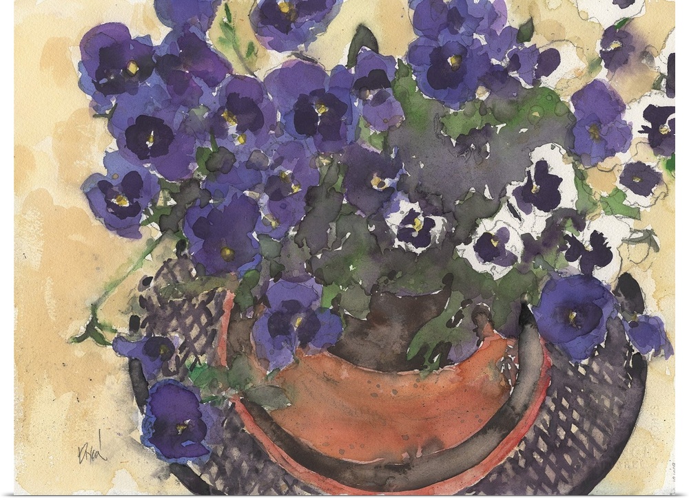 Watercolor painting of bright purple pansies in a pot.