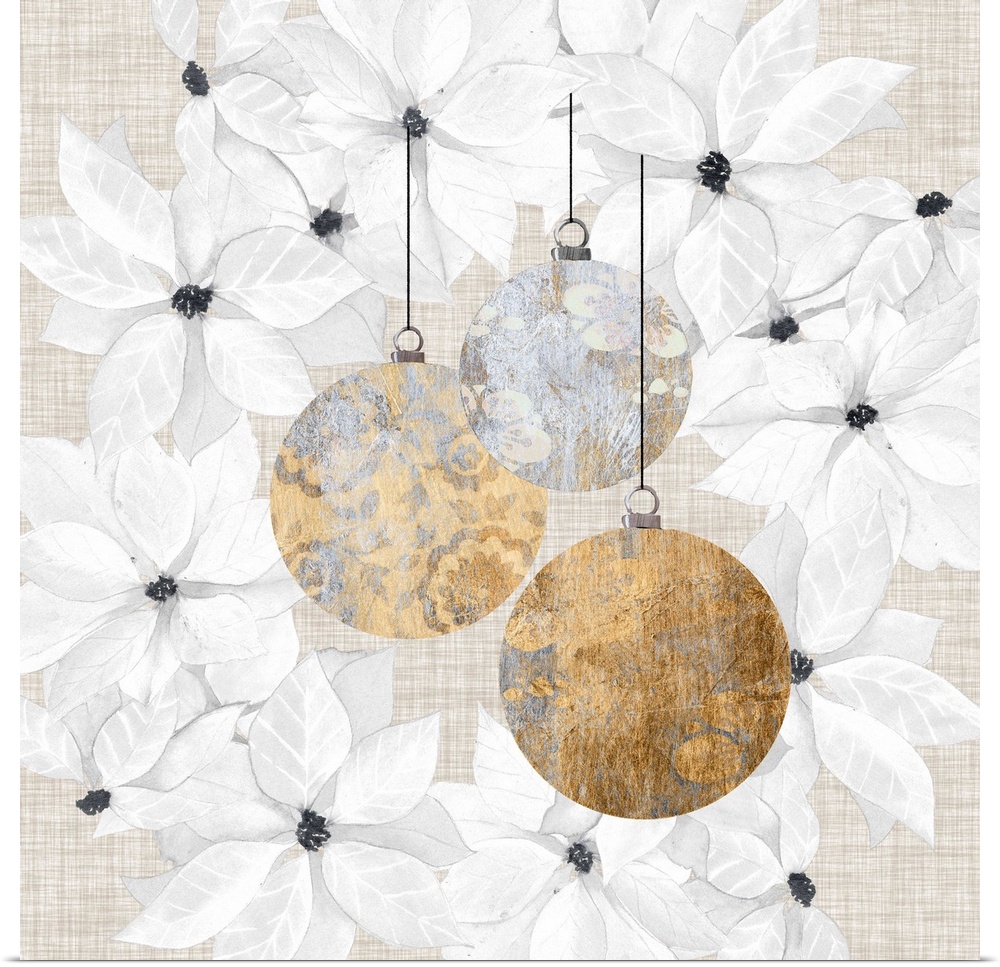 Contemporary Christmas decor of three round ornaments in gold tones.