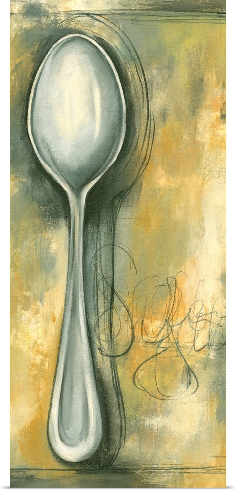 Tall painting of a spoon against an abstract background.