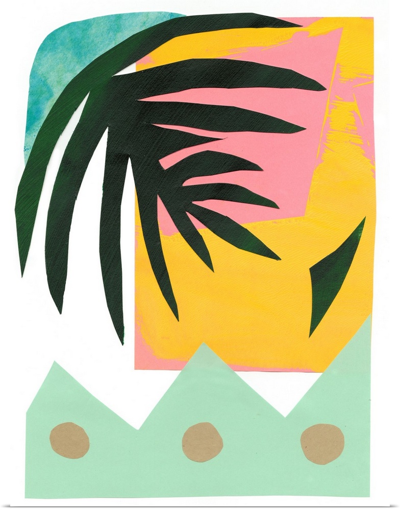Tropical cut paper abstract art with a modern vibe and a dark green leaf motif.
