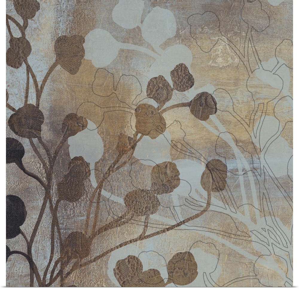 Contemporary artwork of silhouetted flower buds against a faded background.