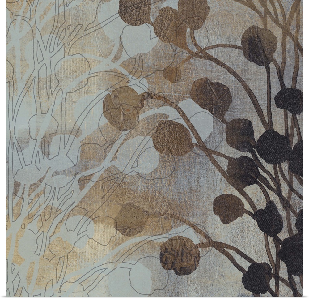 Contemporary artwork of silhouetted flower buds against a faded background.