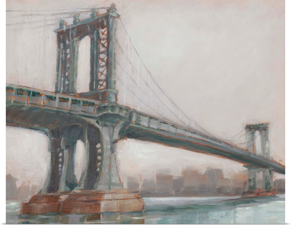 A picturesque painting of Manhattan Bridge in New York, in subdue colors with the city in the background.