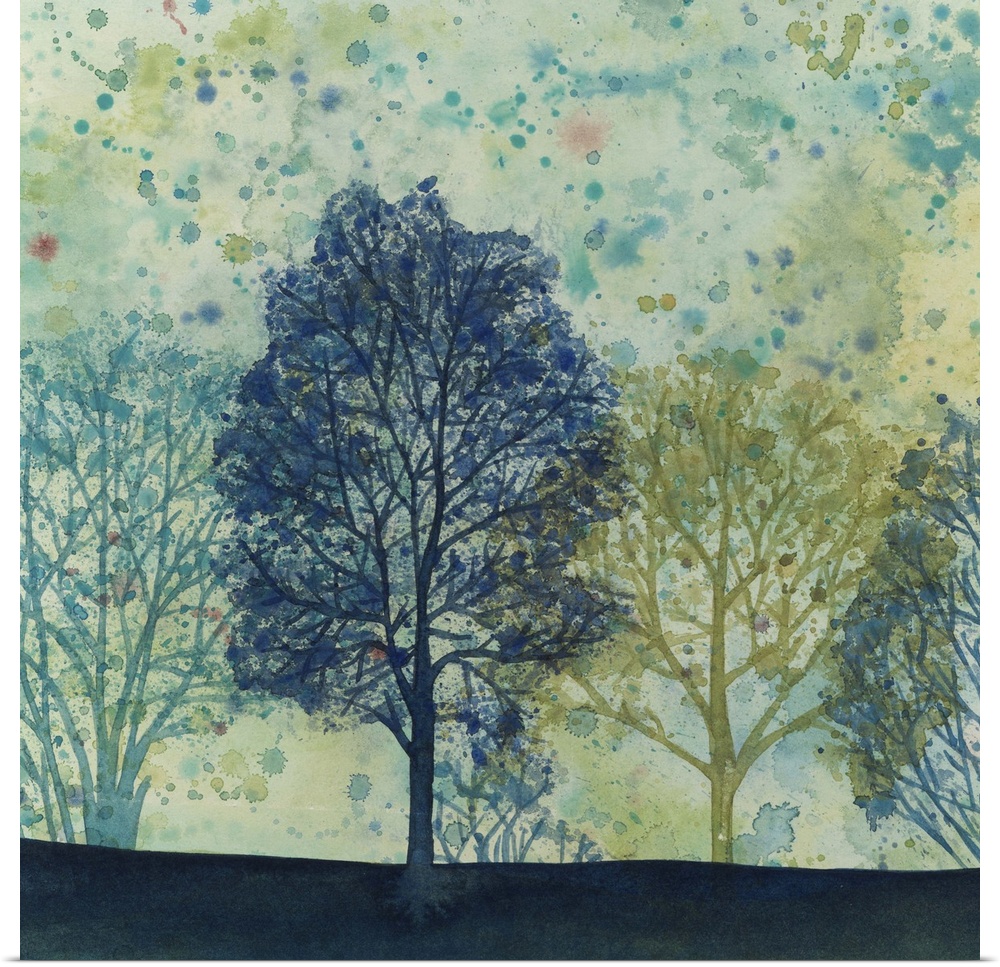 Watercolor painting of silhouetted trees in cool tones against a green and speckled sky.
