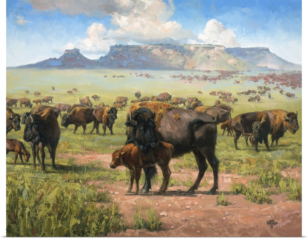 Contemporary artwork of lively brush strokes that create a serene western landscape filled with roaming buffaloes.
