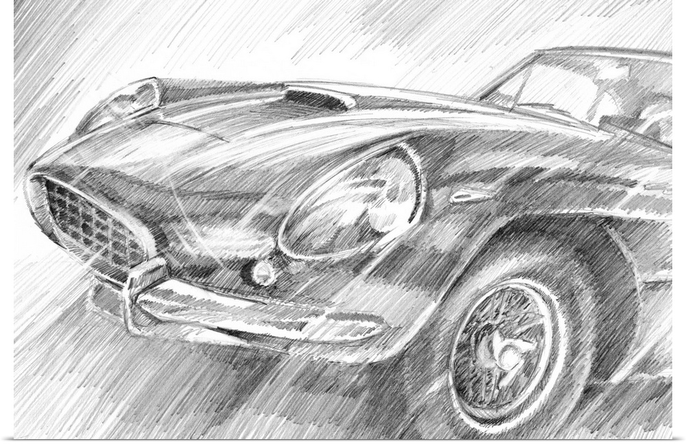 Pencil sketch of the front of a sportscar, with emphasis on the headlights and grill.